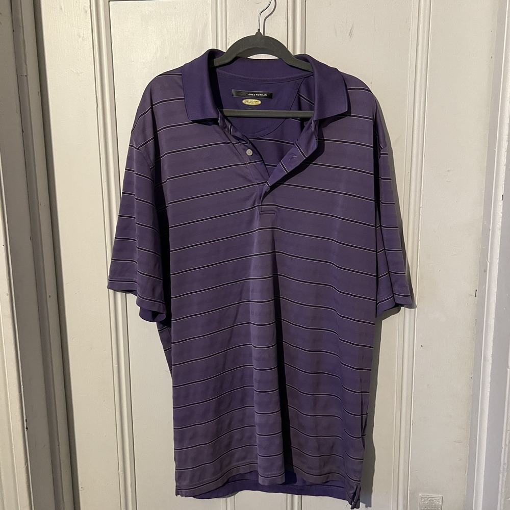 Greg Norman Play Dry Men Purple Striped Golf Polo Large Short Sleeve Casual